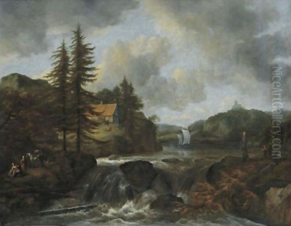 Waterfall In A Mountainous Landscape Oil Painting by Jacob Van Ruisdael