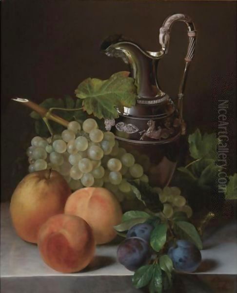 Still Life Of Peaches, Plums, A Bunch Of Grapes And An Empire Silver Water Pitcher All Resting On A Ledge Oil Painting by Francois Lepage