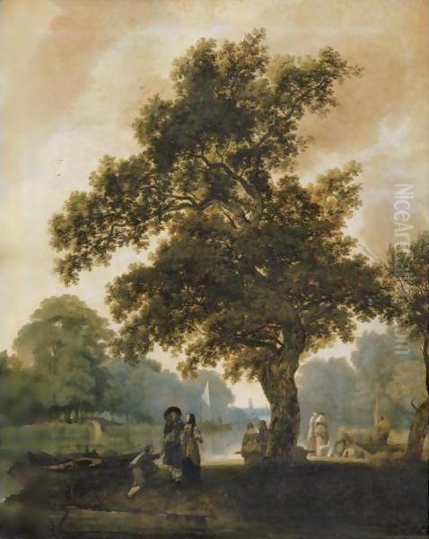 Elegant Company By A River Oil Painting by Jacob Esselens