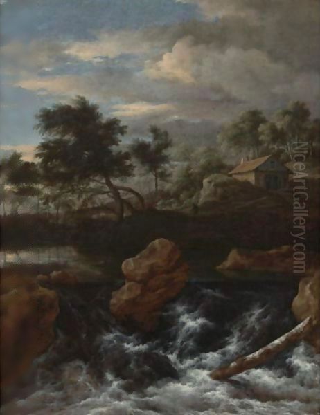 A Rocky River Landscape With A Waterfall Oil Painting by Jacob Van Ruisdael