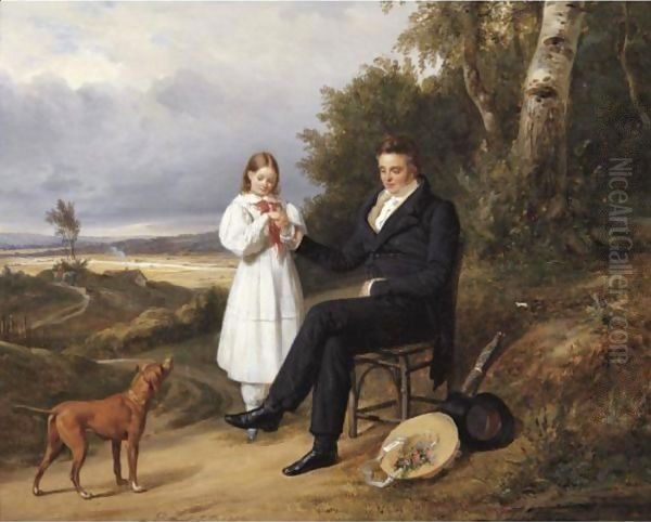 Father And Daughter In A Landscape Oil Painting by Pierre Duval-Lecamus