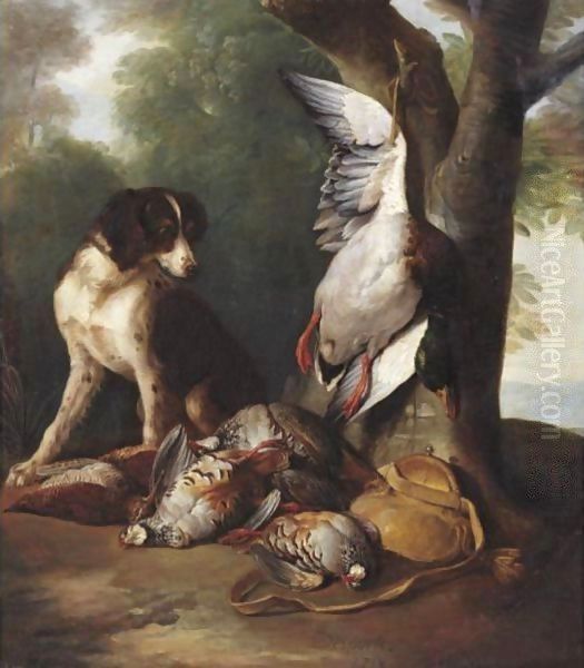 Still Life Of Game Birds And A Dog In A Landscape Oil Painting by Alexandre-Francois Desportes