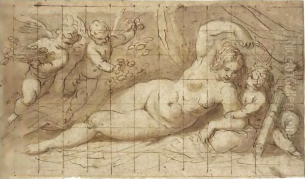 Venus And Cupid Oil Painting by Palma Vecchio (Jacopo Negretti)