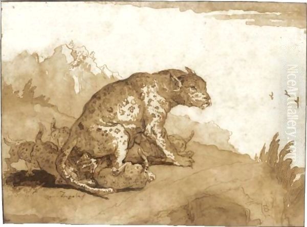 A Leopardess With Her Cubs In A Landscape Oil Painting by Giovanni Domenico Tiepolo