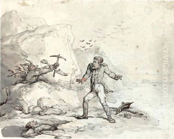 Napoleon On The Shores Of St Helena, Menaced By A Devil With A Pick And Shovel, A Grave-Digger Looking On Oil Painting by Thomas Rowlandson