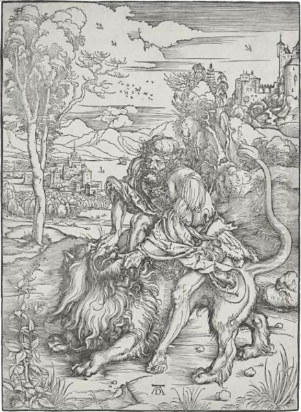 Samson Fighting With The Lion Oil Painting by Albrecht Durer