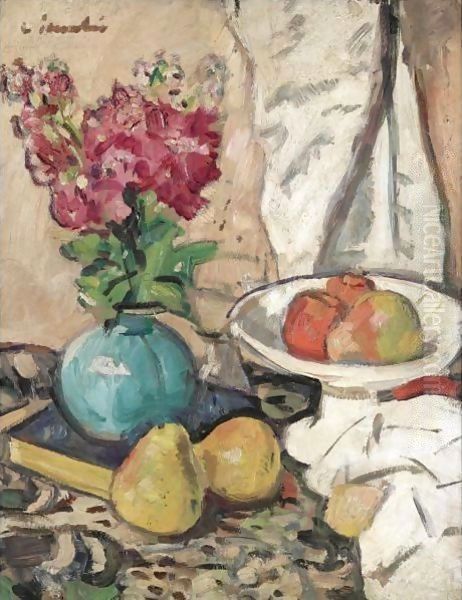 Still Life With Fruit And Flowers In A Green Vase Oil Painting by George Leslie Hunter