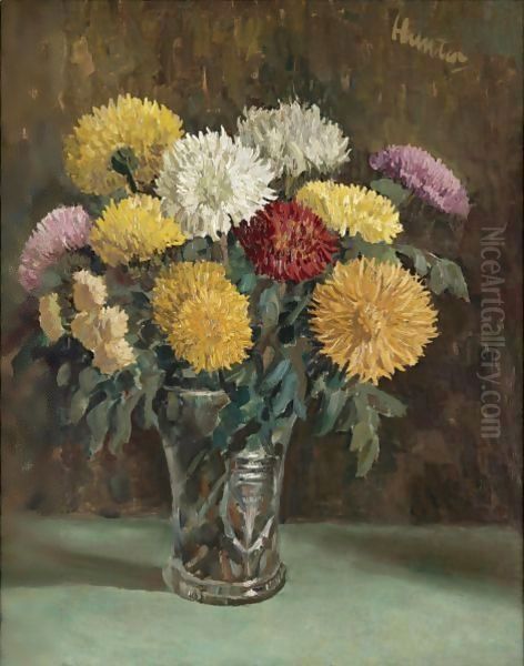 Chrysanthemums In A Cut Glass Vase Oil Painting by George Leslie Hunter