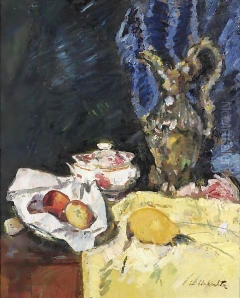 Still Life With Fruit, A Ewer And An Ecuelle On A Yellow Drape Oil Painting by George Leslie Hunter