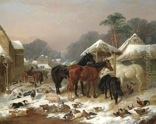 The Farmyard In Winter Oil Painting by John Frederick Herring Snr