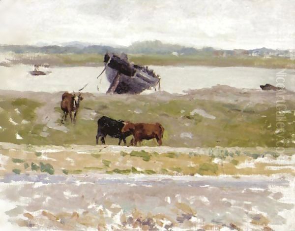 Vaches Pres D'Une Braque, Etaples Oil Painting by Henri Eugene Augustin Le Sidaner