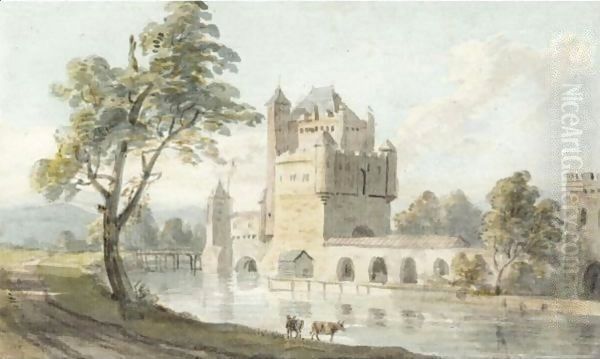 Castle By A River Oil Painting by Paul Sandby