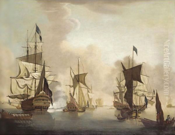 Men Of War At Anchor Oil Painting by Francis Swaine