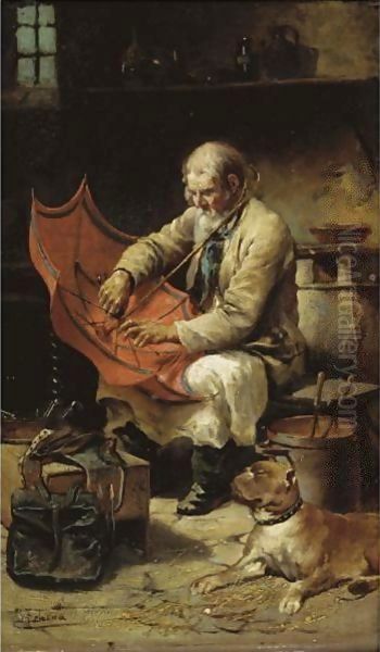 The Umbrella Maker Oil Painting by Jose De Echenagusia Errazquin