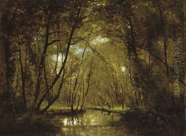 Wooded Riverscape With Figures Oil Painting by Cesar De Cock