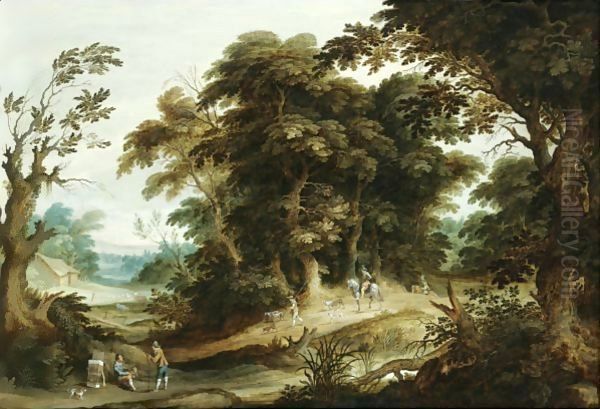 A Wooded Landscape With A Poultry-Seller, Travellers And Dogs On A Path Beyond Oil Painting by Alexander Keirinckx