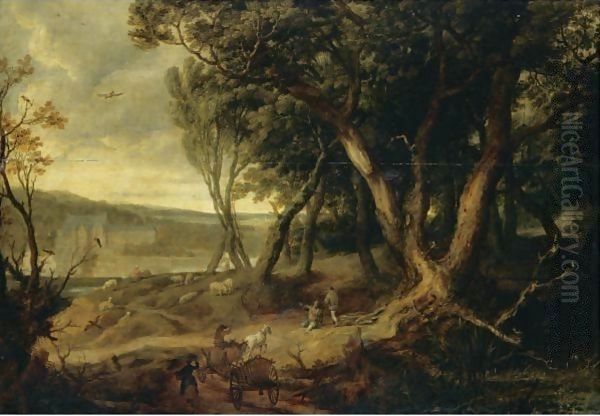 Landscape With A Waggoner, A Shepherd Resting His Flock And Other Figures Before The Chateau De Tervueren Oil Painting by David Vinckboons