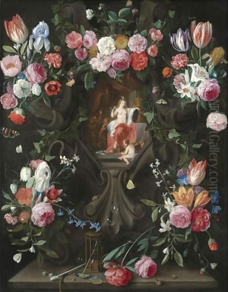 A Garland Of Flowers, Including Irises, Parrot Tulips And Roses, Surrounding A Stone Niche Inset With A Vanitas Scene Oil Painting by Jan van Kessel