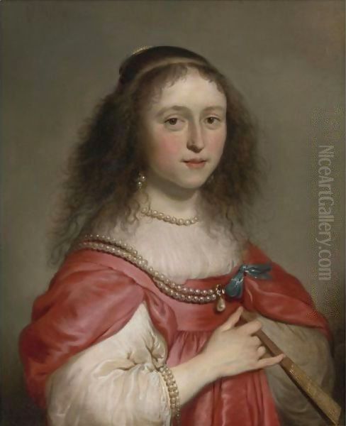 Portrait Of A Young Woman Holding A Fan Oil Painting by Jacob Adriaensz Backer