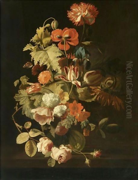 Still Life With A Bouquet Of Flowers Including A Parrot Tulip, Roses And An Iris Oil Painting by Simon Pietersz. Verelst