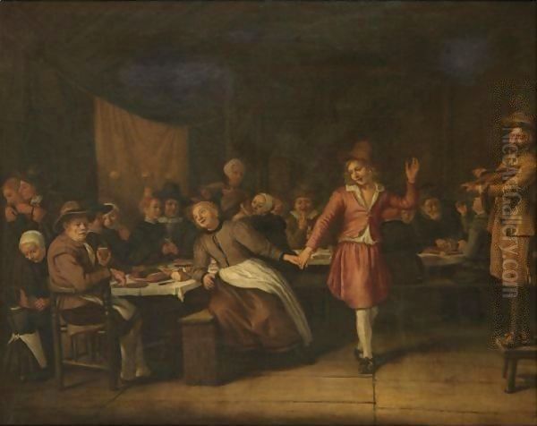 A Wedding Banquet With A Young Man Propositioning A Peasant Woman For A Dance Oil Painting by Jan Victors