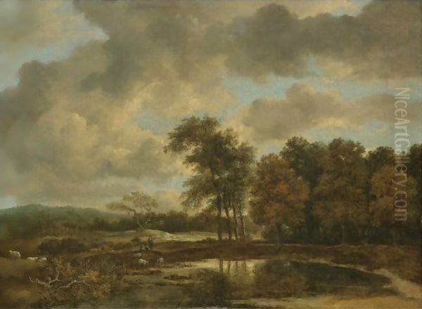 Landscape With A Shepherd Watering His Flock By A Pond At The Edge Of A Wood Oil Painting by Jacob Van Ruisdael