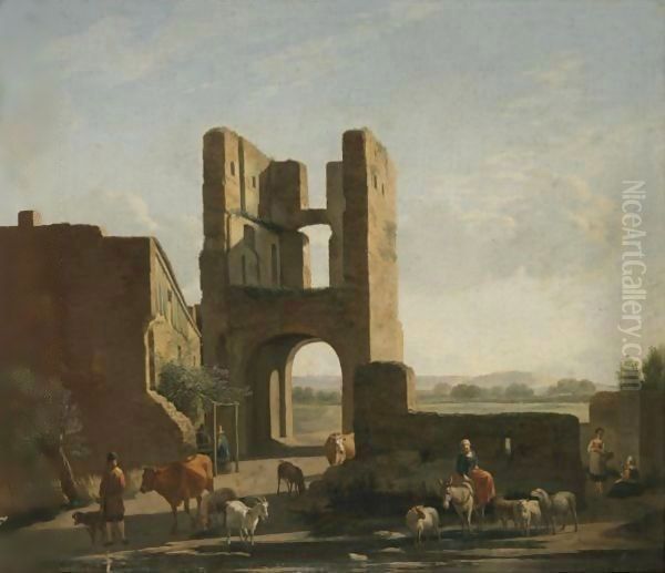 Italianate Landscape With Herdsmen And Women With Sheep, Goats And Cows Grazing Beneath A Ruined Gate Tower Oil Painting by Gerrit Adriaensz Berckheyde