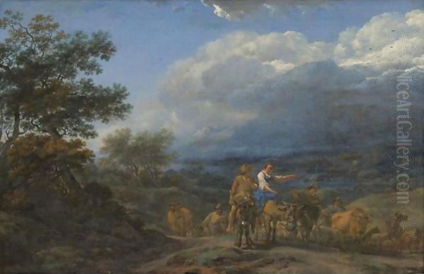 A Hilly Landscape With Herdsmen And Cattle Oil Painting by Nicolaes Berchem