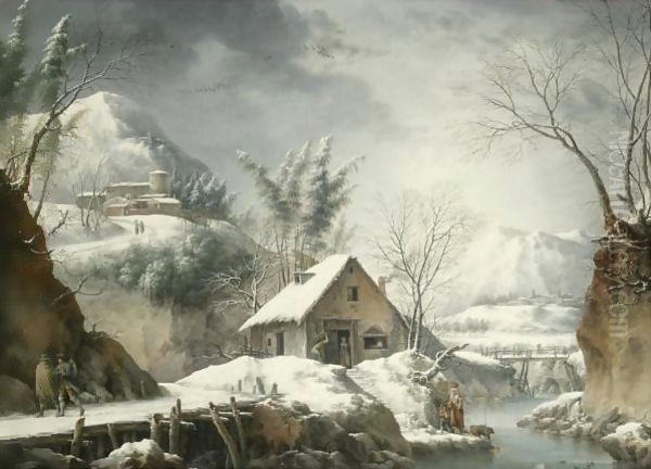 A Mountainous Winter Landscape With Figures Collecting Water From A Stream Oil Painting by Francesco Foschi