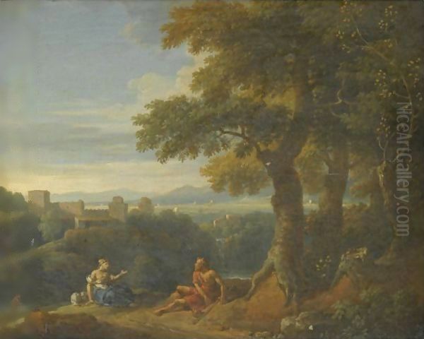 An Italianate Landscape With Two Figures Resting In The Foreground Oil Painting by Jan Frans Van Bloemen (Orizzonte)