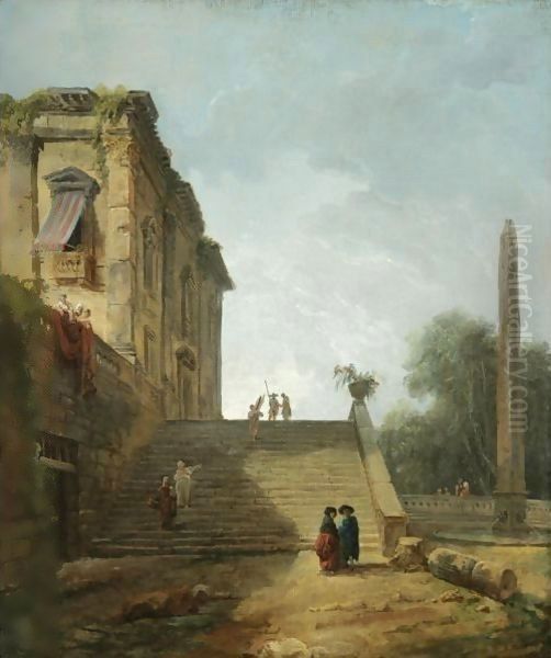 Capriccio Landscape With Figures Ascending A Staircase Near An Obelisk In The Gardens Of A Villa Oil Painting by Hubert Robert