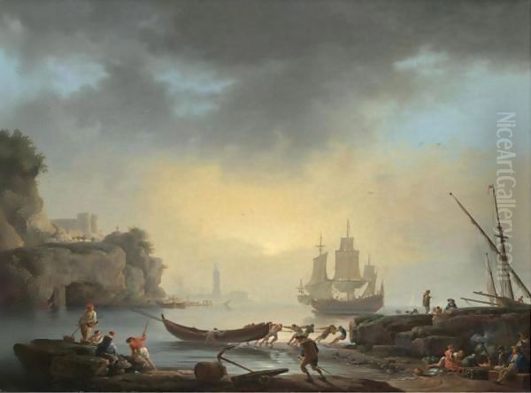 A Mediterranean Coastal Scene With Fishermen Bringing In Their Boats And A Man Of War At Anchor Beyond Oil Painting by Claude-joseph Vernet