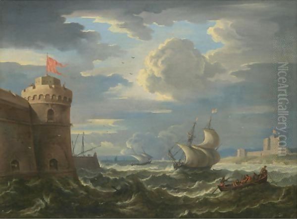 Shipping In A Stiff Breeze In An Estuary Between Two Turkish Forts Oil Painting by Pieter the Younger Mulier