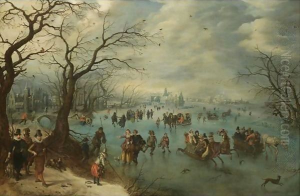 A Winter Landscape With Figures Skating On A Frozen River, Prince Maurits Of Orange-Nassau With A Hunting Party In The Foreground Oil Painting by Adriaen Pietersz. Van De Venne