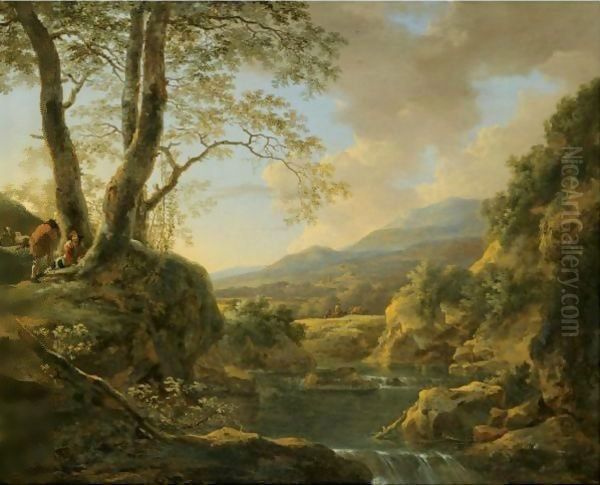 An Extensive River Landscape With Herdsmen Resting Their Goats Under A Tree Oil Painting by Jan Both