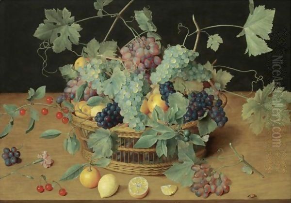 A Still Life With Fruit In A Basket, Including Bunches Of Grapes And Lemons, Cherries And Oranges On The Wooden Table Beneath Oil Painting by Isaak Soreau