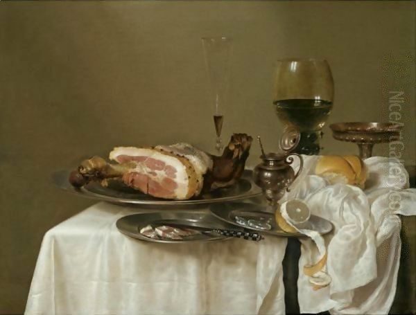 A Still Life With A Roemer, A Silver Tazza, A Fluted Wine-Glass, A Mustard Jar, A Ham And A Partly Peeled Lemon On Pewter Dishes Oil Painting by Willem Claesz. Heda