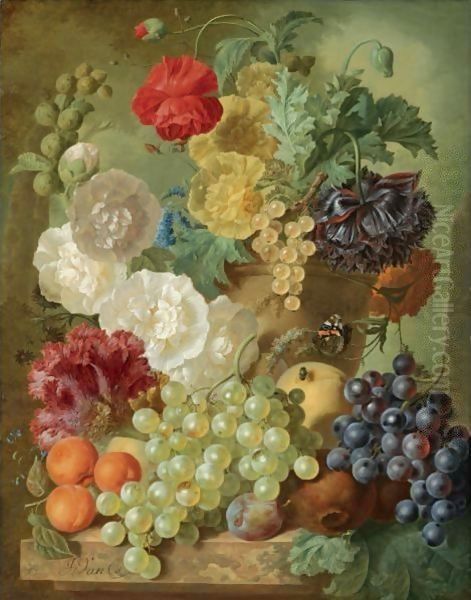 A Still Life With Hollyhocks, Poppies, An Anemone, Other Flowers And White-Currants In A Terracotta Vase Oil Painting by Jan van Os