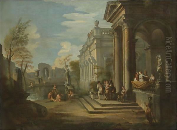 An Architectural Capriccio With Figures At A Balcony And Bathers In A Pool Nearby Oil Painting by Giovanni Paolo Panini