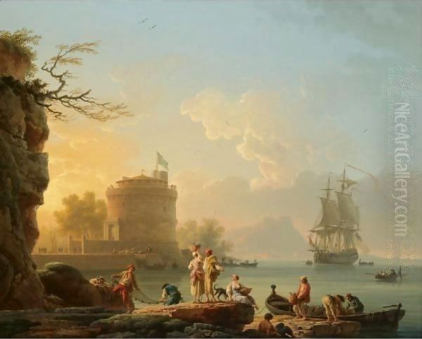 A Mediterranean Harbour Scene At Sunset, With Fishermen Unloading Their Catch Before A Round Fortress, A Man-Of-War At Anchor Beyond Oil Painting by Claude-joseph Vernet