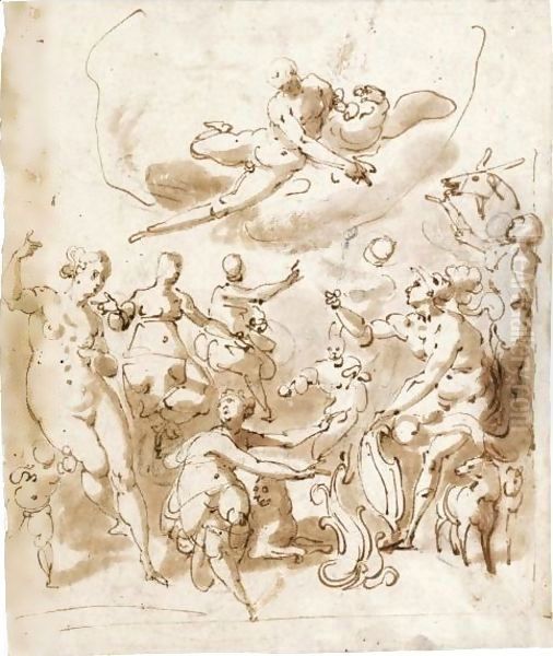 A Marriage, With Jupiter Above And Various Figures Below, One Holding A Shield Oil Painting by Jacopo Zucchi