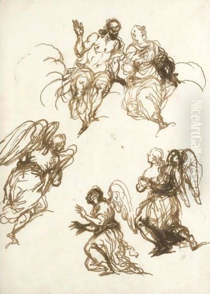 Sheet Of Figure Studies Christ And The Virgin And Three Angels Oil Painting by Alessandro Maganza