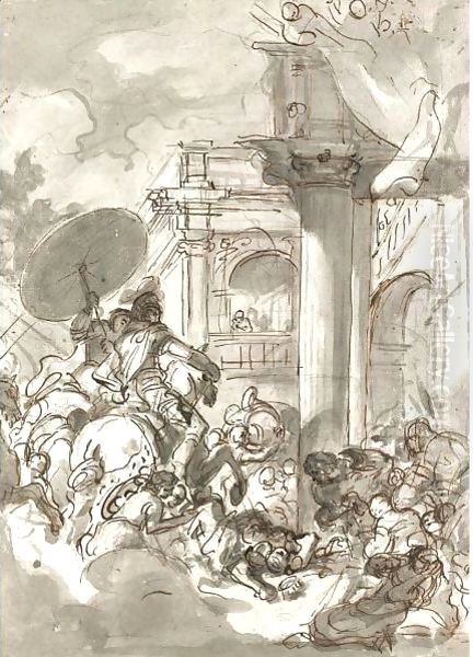 A Monarch Falling In Front Of Two Men On Horseback At The Entrance Of A Palace Crowded With People Oil Painting by Luca Giordano