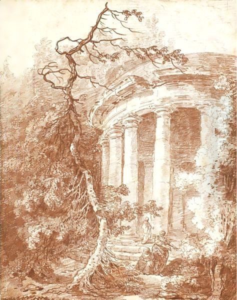 Figures By A Circular, Ruined Temple Oil Painting by Hubert Robert