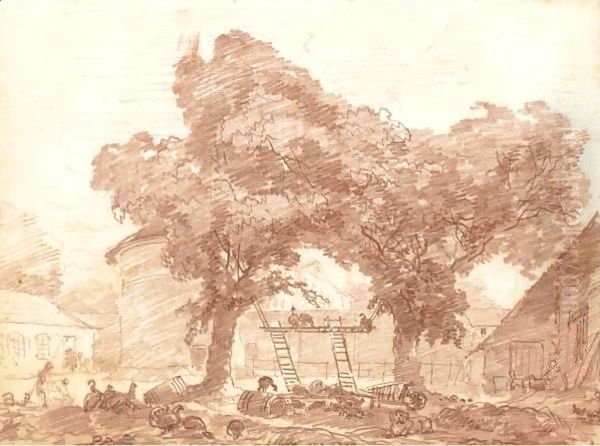 A Farmyard With Turkeys And Poultry In The Foreground, A Dog To The Right, A Chateau Beyond Oil Painting by Jean-Honore Fragonard