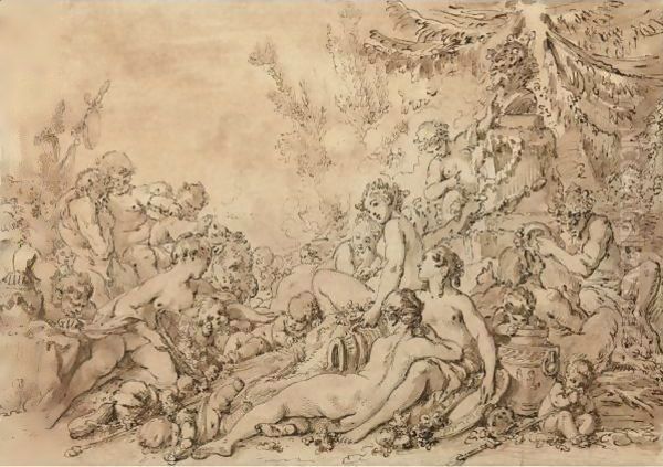 Nymphs, Satyrs, And Putti With Silenus Near An Altar To Pan Oil Painting by Francois Boucher