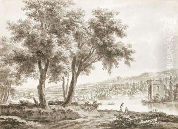 View Across A Landscaped Park, With A Country House To The Left And Figures By A Lake To The Right Oil Painting by Jacques Rigaud