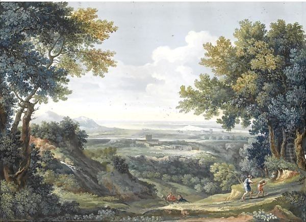 A View Of The Roman Campagna With Abraham And Isaac In The Foreground Oil Painting by Giovanni Battista Busiri