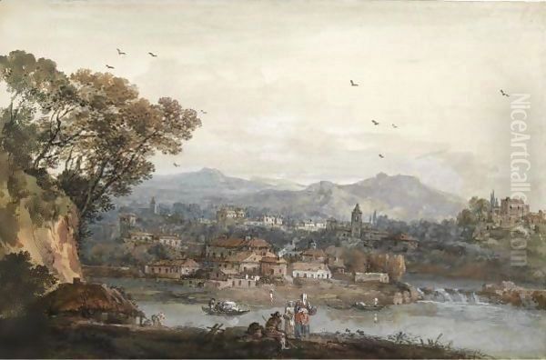 View Of A Town By A River, Figures In The Foreground Oil Painting by Francesco Zuccarelli