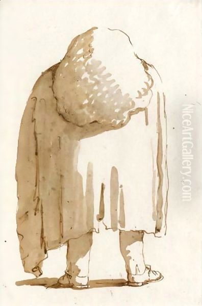 Caricature Of A Man Wearing A Large Wig And A Heavy Cloak Seen From Behind Oil Painting by Giovanni Battista Tiepolo